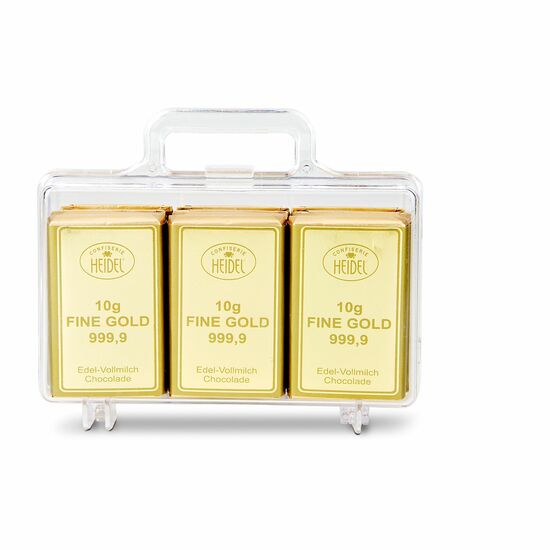 Geschenkartikel: Goldkoffer mit 12 Goldbarren, Edelvollmilch-Schokolade (120 g) 2K2024