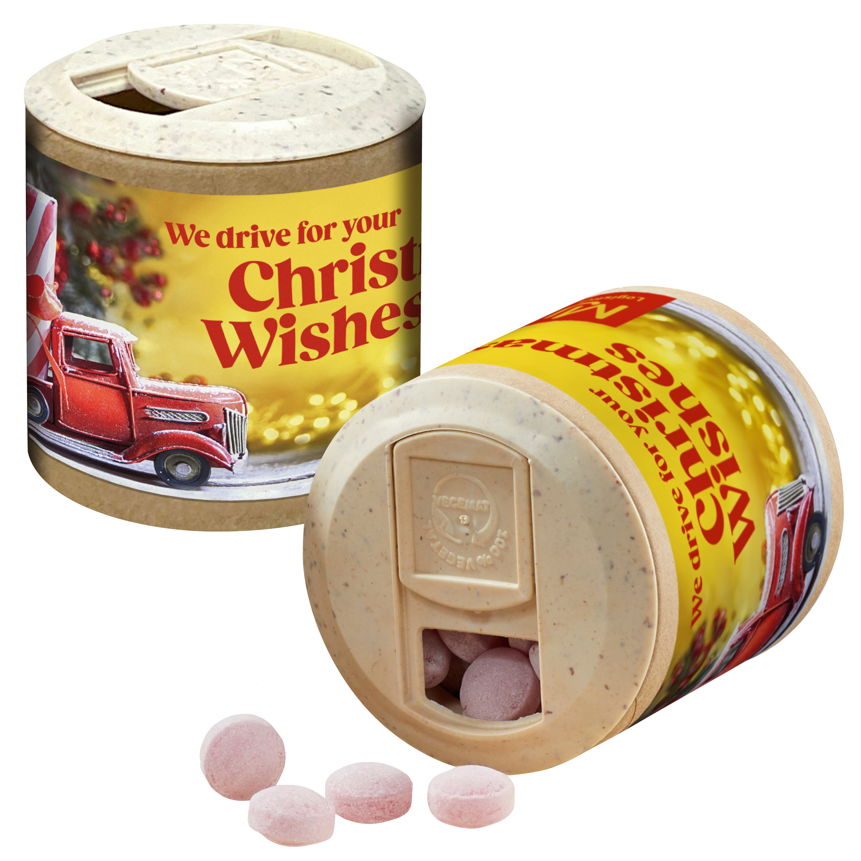 Papier-Werbedose mit Kalfany-Glühweinbonbons