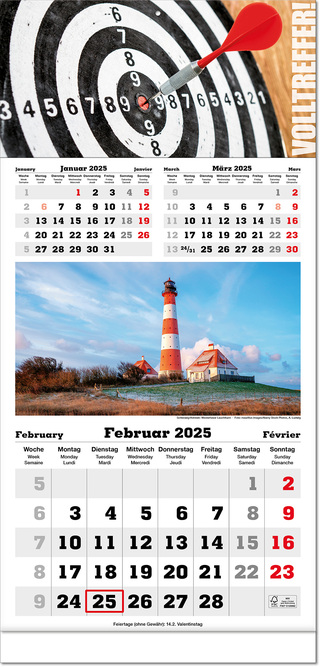 Drei-Monats-Kalender "Classic Bildplaner" im Format 30 x 63 cm mit Fußleiste, Datumsweiser umgelegt