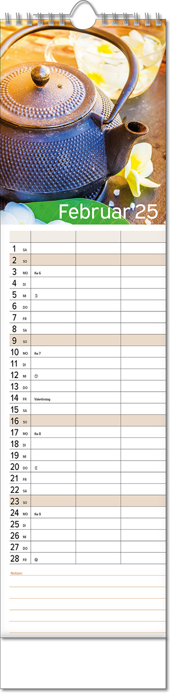 Kalender "Auszeit" im Format 13 x 52,5 cm, mit Wire-O Bindung und verlängerter Rückwand