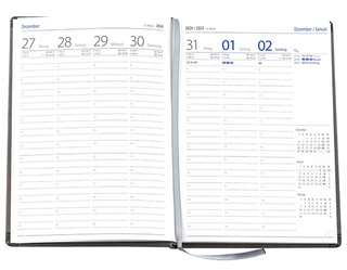 Wochenkalender "Klassik D" im Format 14,5 x 20,5 cm, deutsches Kalendarium Grau/Blau mit Leseband, 144 Seiten Fadenheftung, Eckenperforation, Grafikeinband
