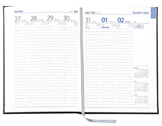 Wochenkalender "Business D" im Format 17,2 x 24 cm, deutsches Kalendarium Grau/Blau mit Leseband, 144 Seiten Fadenheftung, Eckenperforation, Einband Slinky schwarz