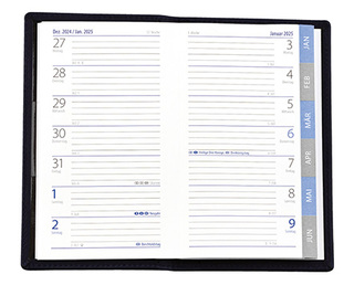 Taschenplaner "Exquisit Register" im Format 9,5 x 16 cm, deutsches Kalendarium Grau/Blau mit Registerstanzung, 64 Seiten gebunden + 16 Seiten Adressheft Register, eingesteckt in PVC-Hülle schwarz