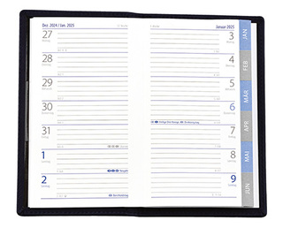 Taschenplaner "Exquisit Register" im Format 9,5 x 16 cm, deutsches Kalendarium Grau/Blau mit Registerstanzung, 64 Seiten gebunden + 16 Seiten Adressheft Register, eingesteckt in PVC-Hülle weiß