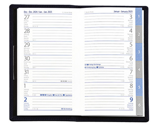 Taschenplaner "Exquisit Register INT" im Format 9,5 x 16 cm, Kalendarium 4-sprachig D/F/I/GB Grau/Blau mit Registerstanzung, 64 Seiten gebunden + 16 Seiten Adressheft Register, eingesteckt in PVC-Hülle rot