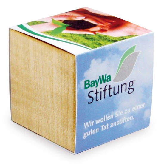 Pflanz-Holz mit Samen (Graspapier-Banderole) - Sonnenblume, 2 Seiten gelasert