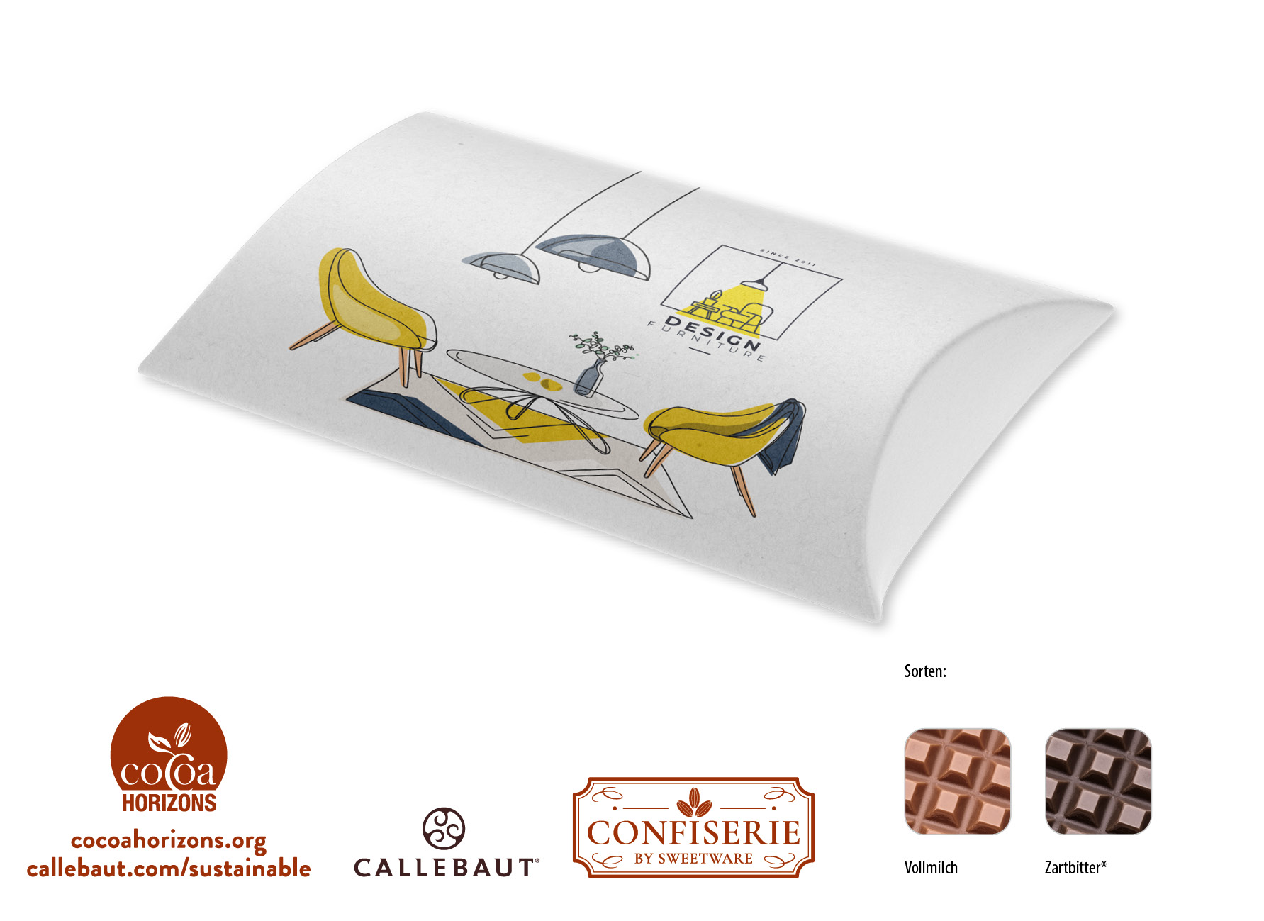 Schokolade 100 g Tafel in Kissenschachtel, Inhalt: Callebaut Vollmilch Schokolade Kalender
