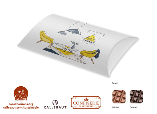 Schokolade 100 g Tafel in Kissenschachtel, Inhalt: Callebaut Vollmilch Schokolade Kalender